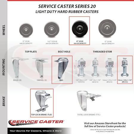Service Caster 4 Inch SS Hard Rubber Wheel Swivel 10mm Threaded Stem Caster with Brake SCC SCC-SSTS20S414-HRS-TLB-M1015